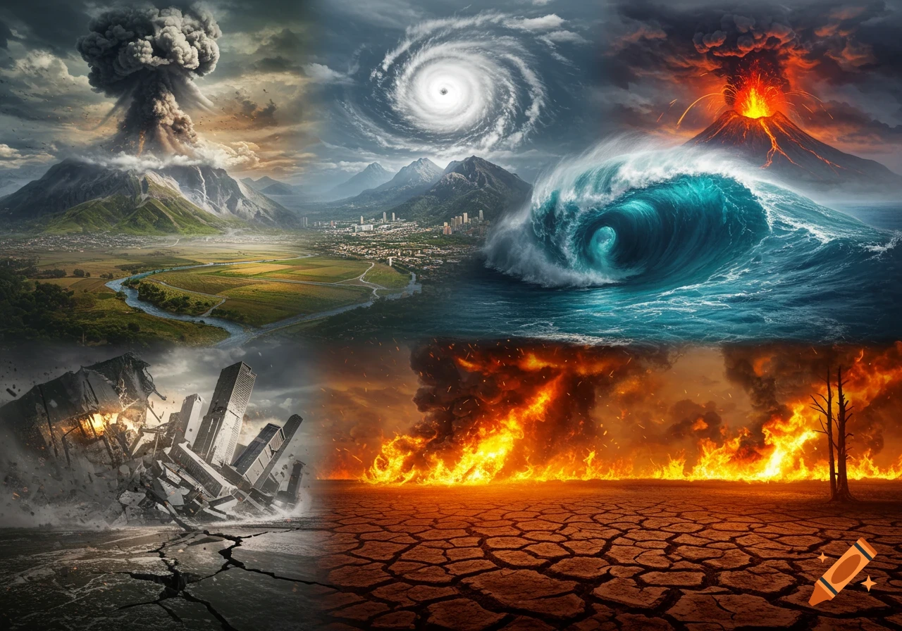 A composite image depicting various natural disasters: a mushroom cloud, hurricane, volcanic eruption, tsunami, collapsing city, wildfire, and cracked earth.