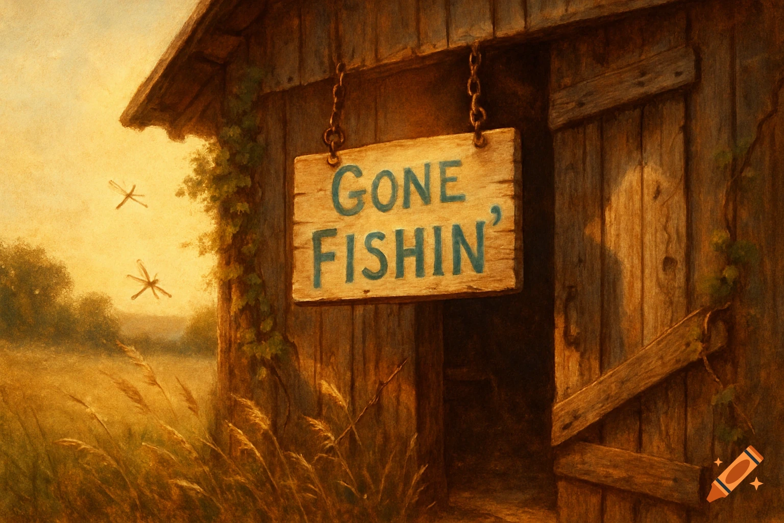 A rustic wooden sign reading 'Gone Fishin'' hangs on an old barn door, with tall grass and dragonflies in a golden, painterly field.