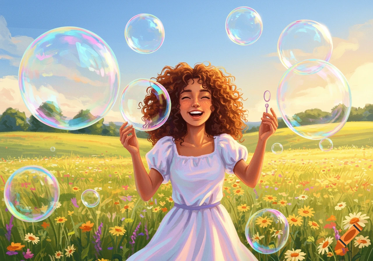 A happy woman with curly hair in a white dress blowing colorful bubbles in a sunlit field of wildflowers.