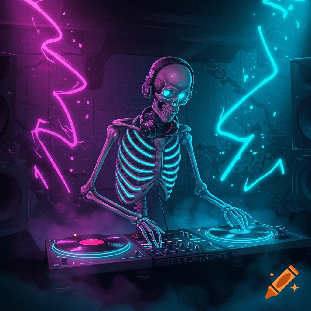 A neon-lit skeleton DJ with headphones, mixing music on turntables in a dark club with glowing pink and blue lights.