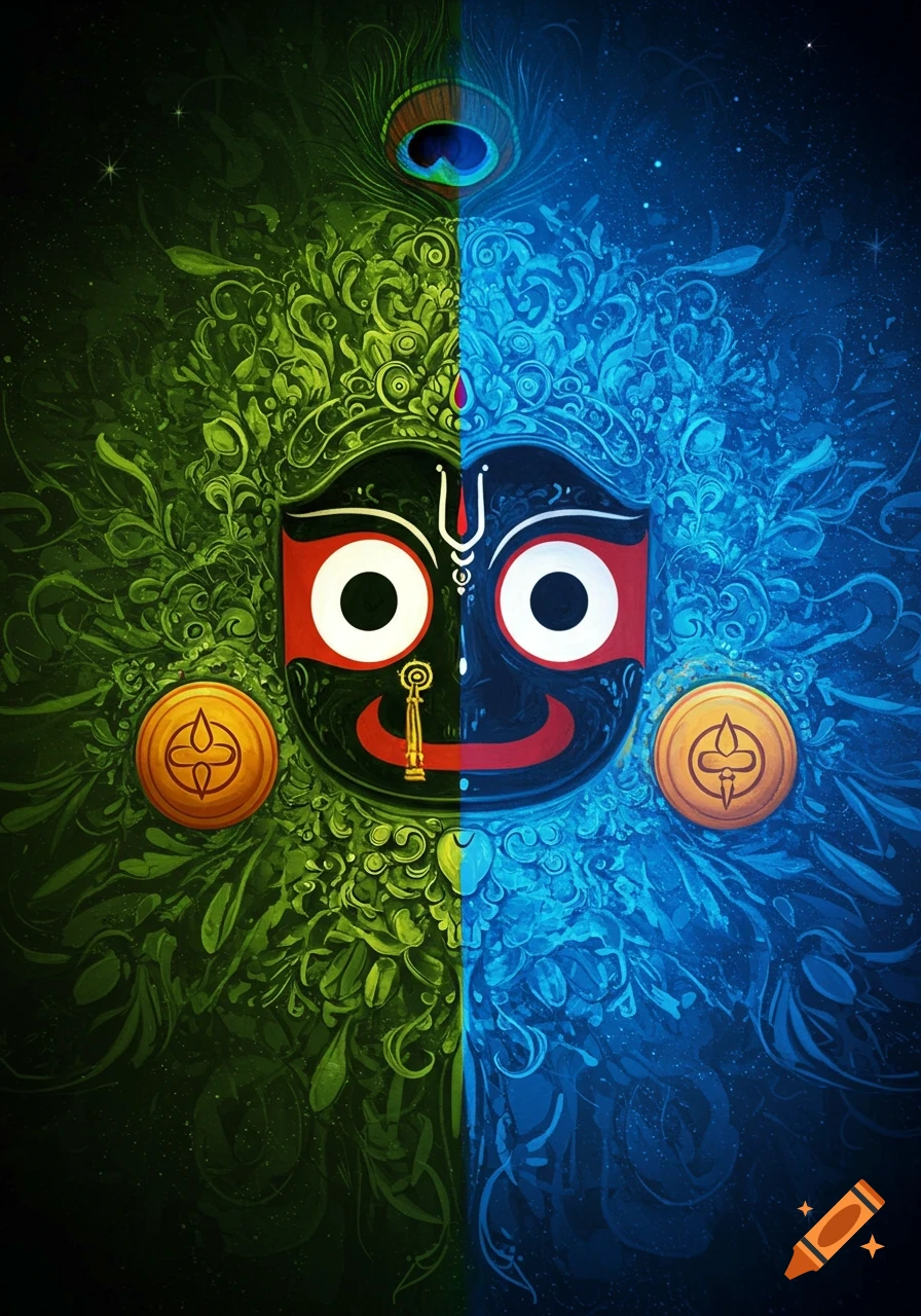 Abstract split image of Jagannath's face, half green and half blue, with intricate patterns and religious symbols.