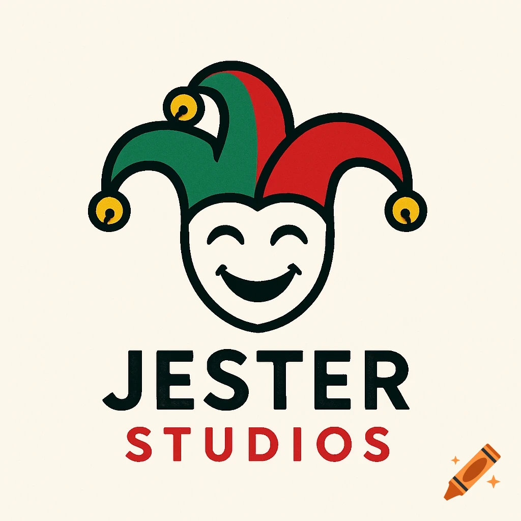 A logo featuring a smiling jester face with a red and green cap and bells, above the words JESTER STUDIOS.
