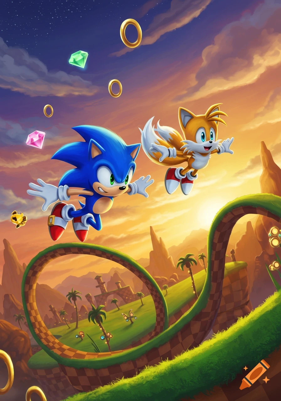 Sonic and Tails fly over a green landscape with loops, rings, and emeralds under a sunset sky.