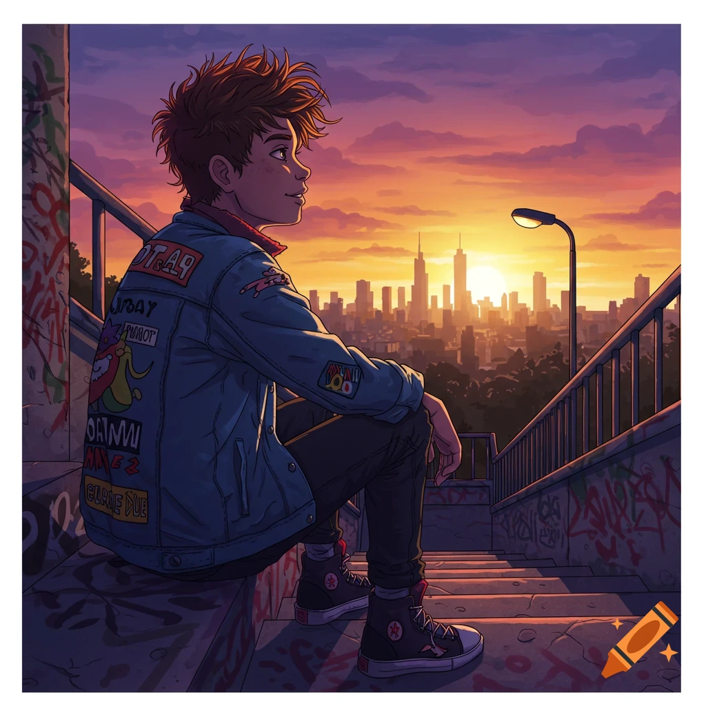 An anime-style illustration of a teenager with spiky brown hair sitting on graffiti-covered steps, looking out at a city skyline during sunset.