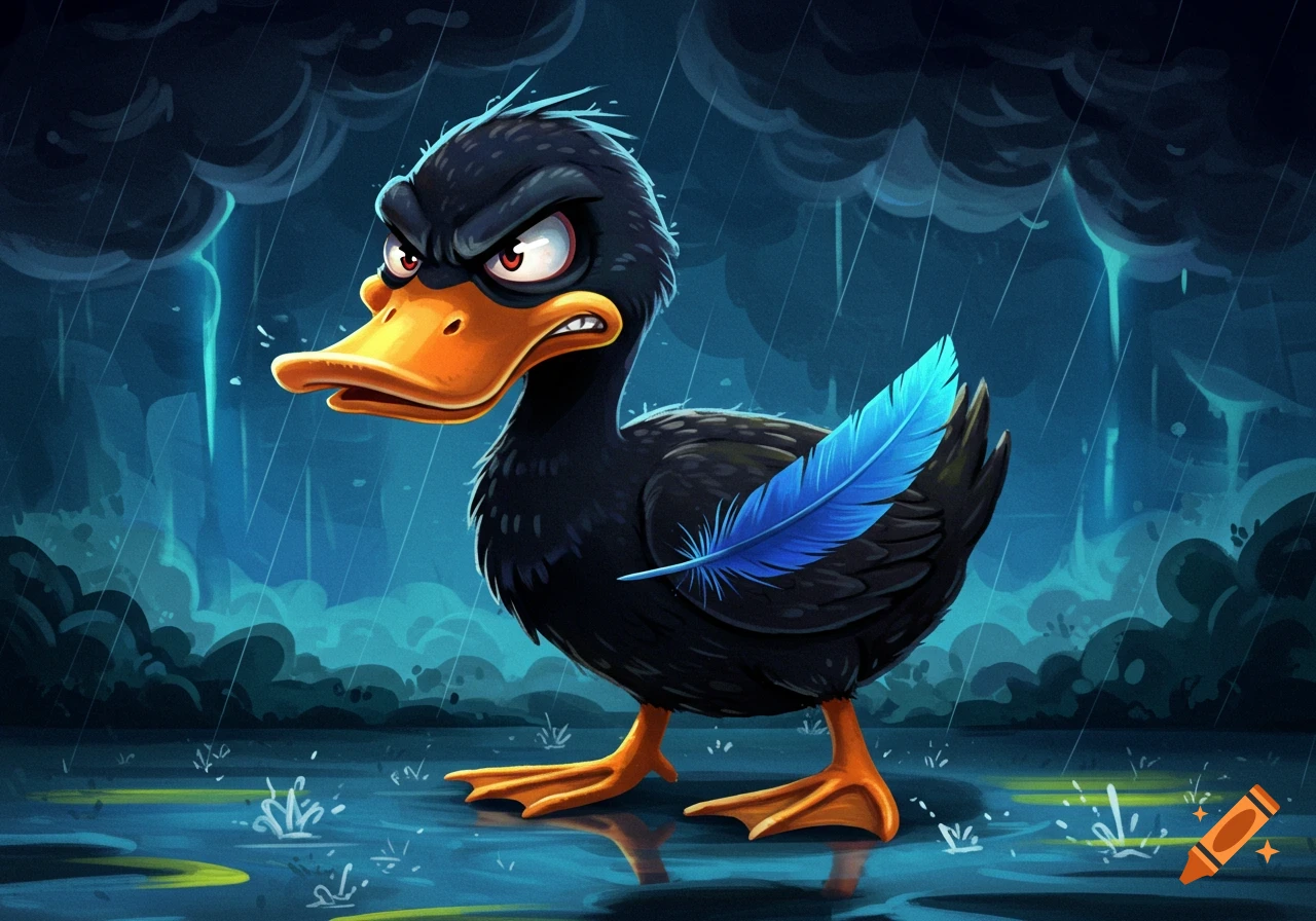 An angry black cartoon duck with an orange beak and a bright blue feather standing in the rain under dark clouds.