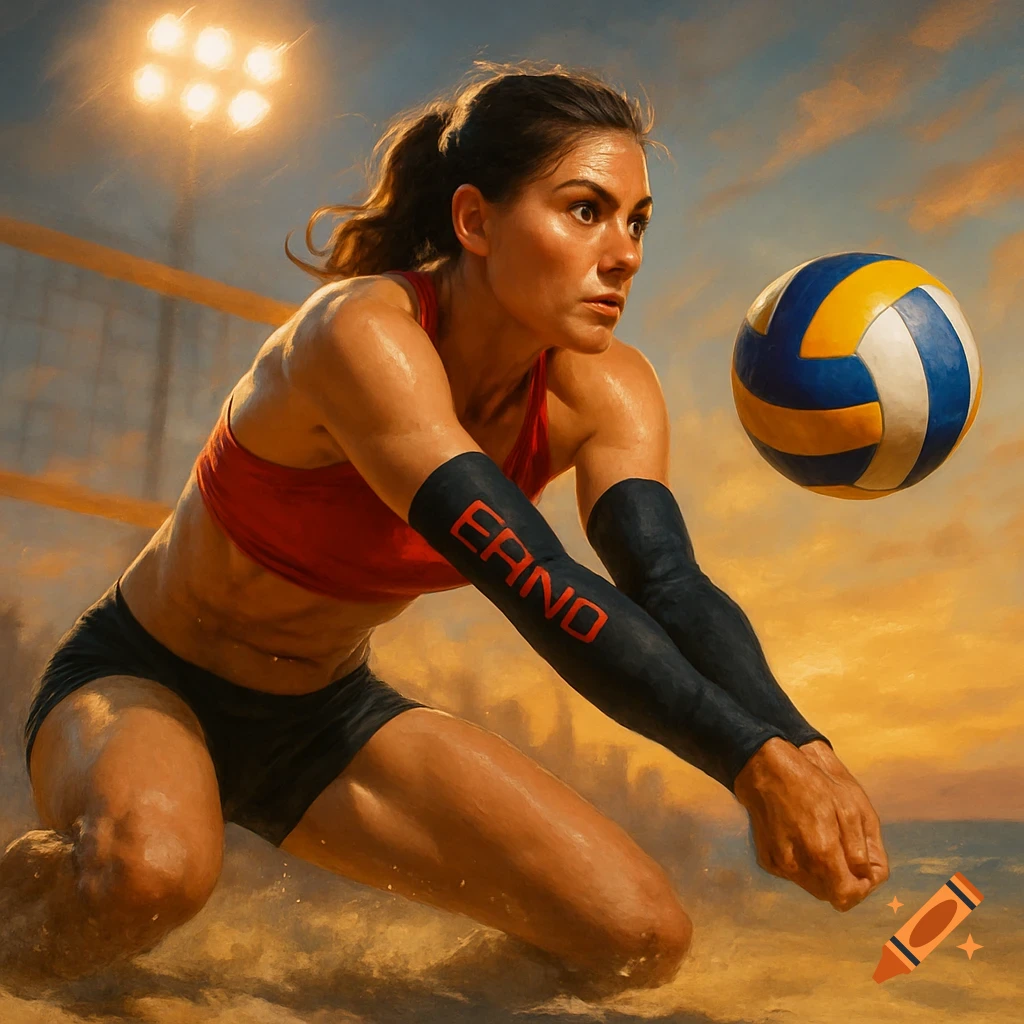 Photorealistic image of an athletic female volleyball player diving for a ball on a sandy court at sunset, stadium lights illuminate the scene.