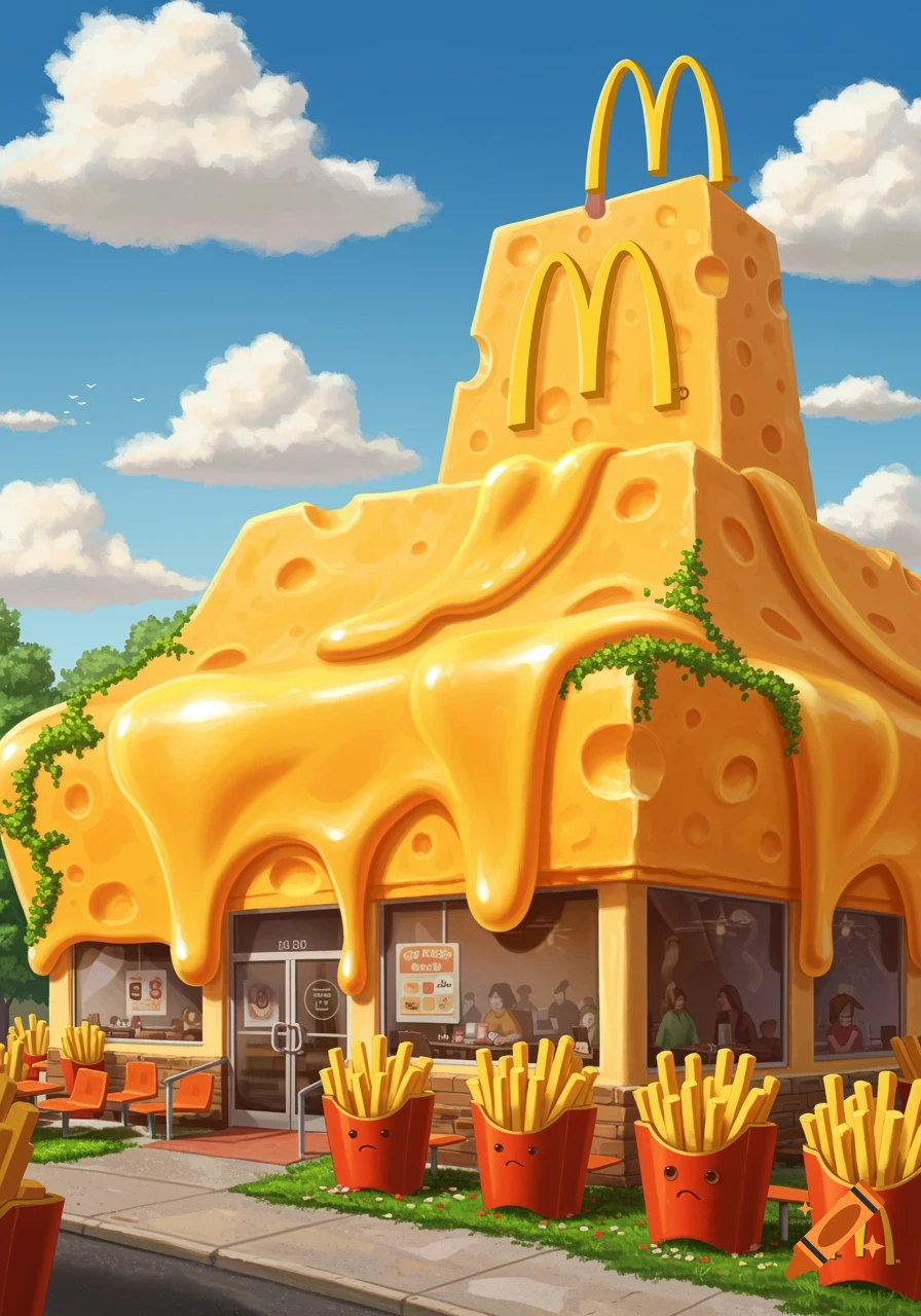 A whimsical McDonald's building designed like a giant block of cheese with melted cheese dripping down. Sad-faced french fry boxes line the sidewalk.