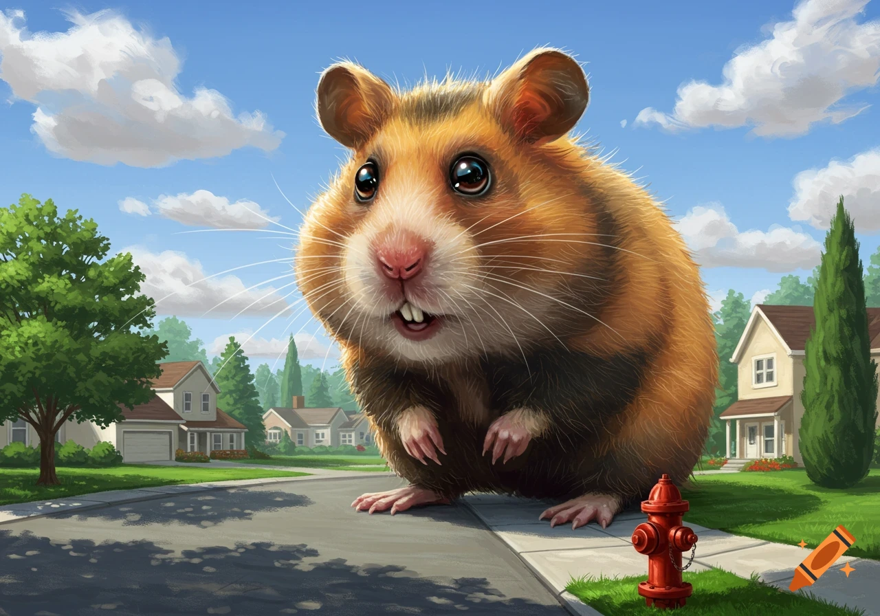 A giant, furry brown and white hamster stands on a sidewalk in a suburban neighborhood with a red fire hydrant.
