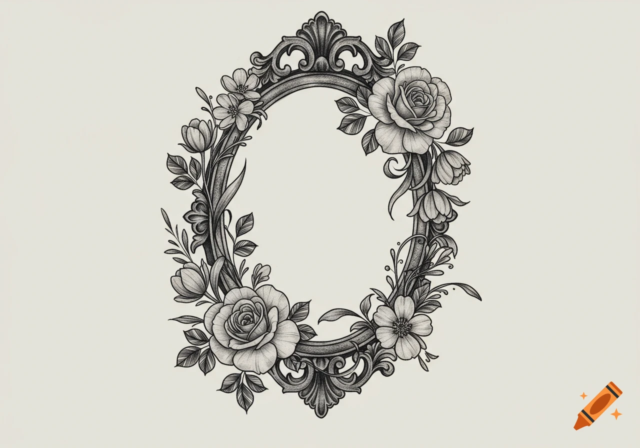 Black and grey illustration of an ornate oval frame surrounded by roses, tulips, wildflowers, and swirling leaves.