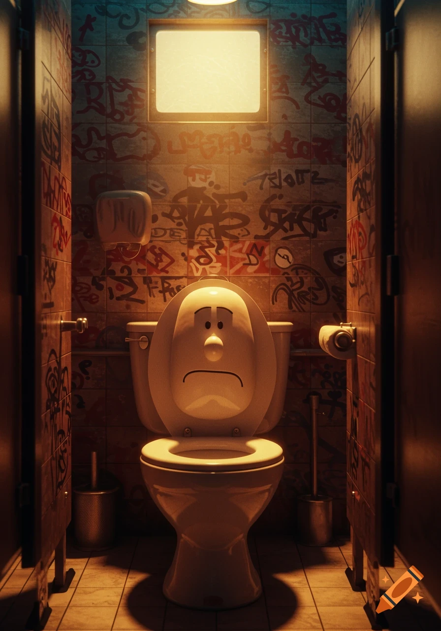 A sad-faced toilet sits in a dimly lit, graffiti-covered public bathroom stall, viewed through an open door.