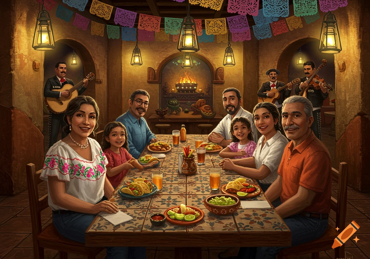 A Mexican family shares a meal at a lively restaurant with colorful papel picado decorations and musicians playing instruments.