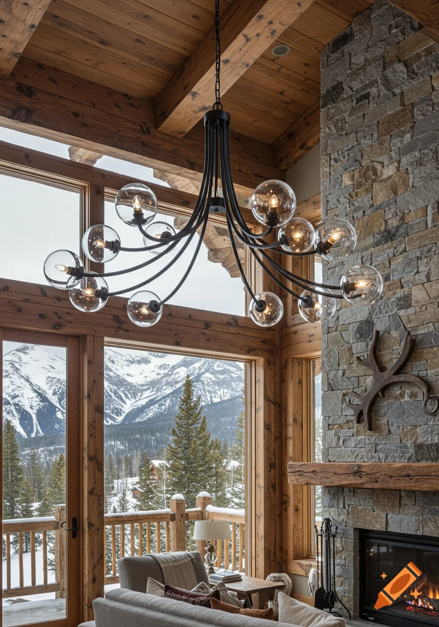Modern wrought iron chandelier in a mountain home living room with a stone fireplace, wood beams, and large windows revealing snowy mountains.