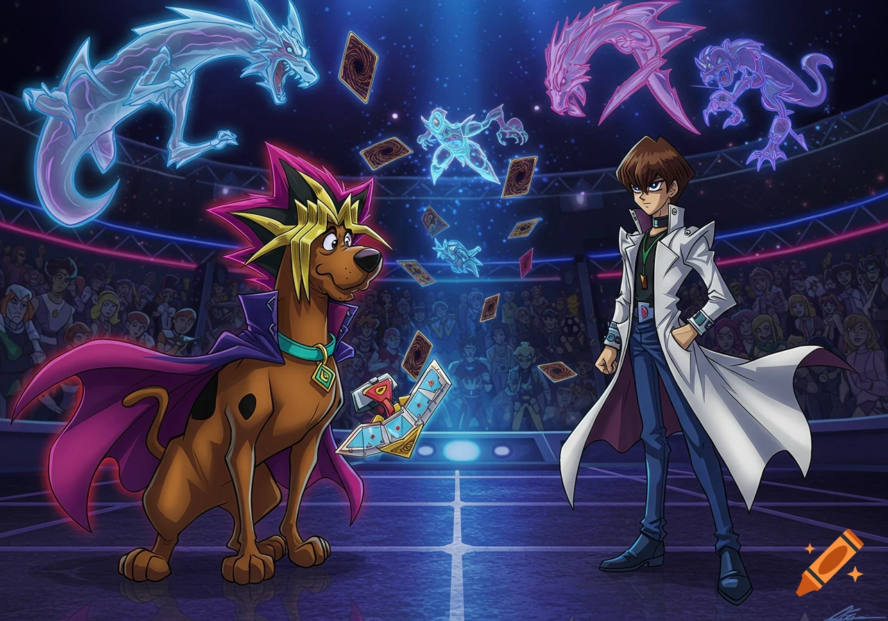 Anime-style crossover art of Scooby Doo as Yami Yugi dueling Johnny Quest as Seto Kaiba in a stadium with glowing monsters.