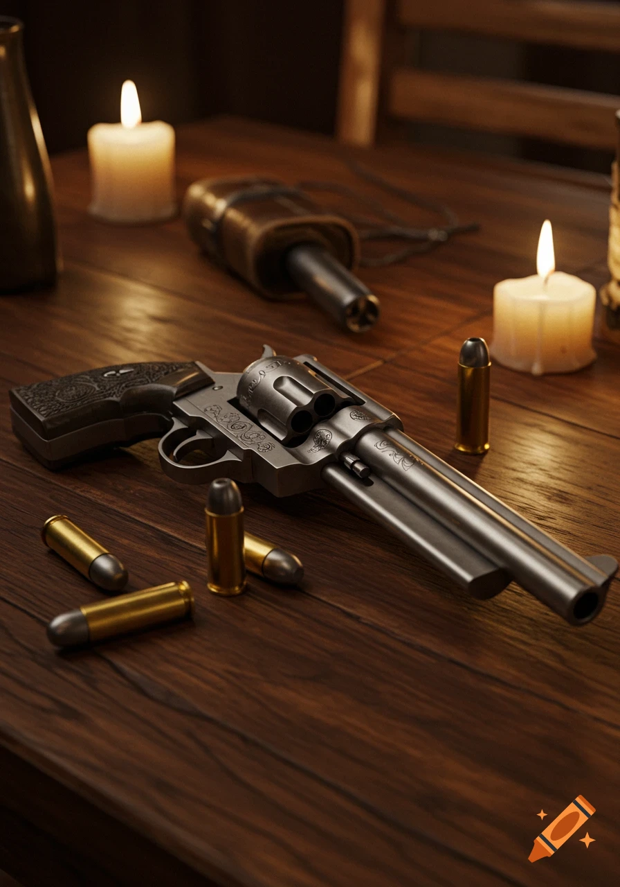 A photorealistic still life image showing an antique-style revolver and bullets on a polished wooden table, illuminated by candles.