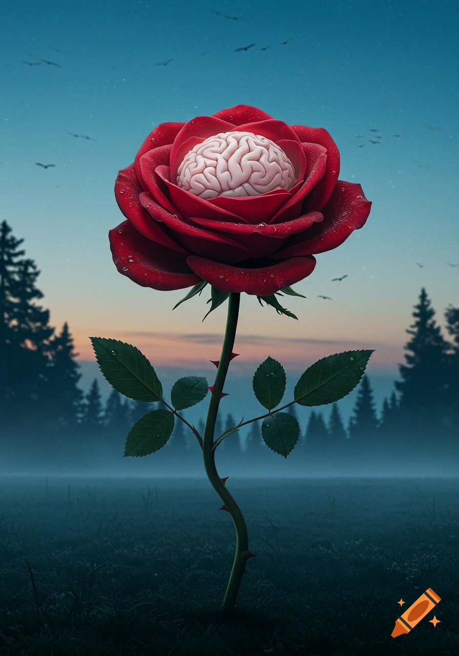 A vibrant red rose with a human brain at its center, growing in a misty field at twilight with trees and birds in the background.