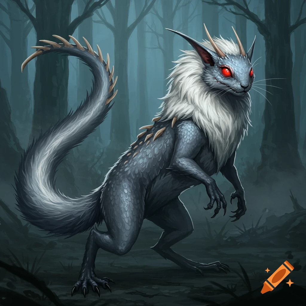 A fantasy creature with gray-blue scales, white fur, red eyes, and a spiked tail stands in a dark, misty forest.