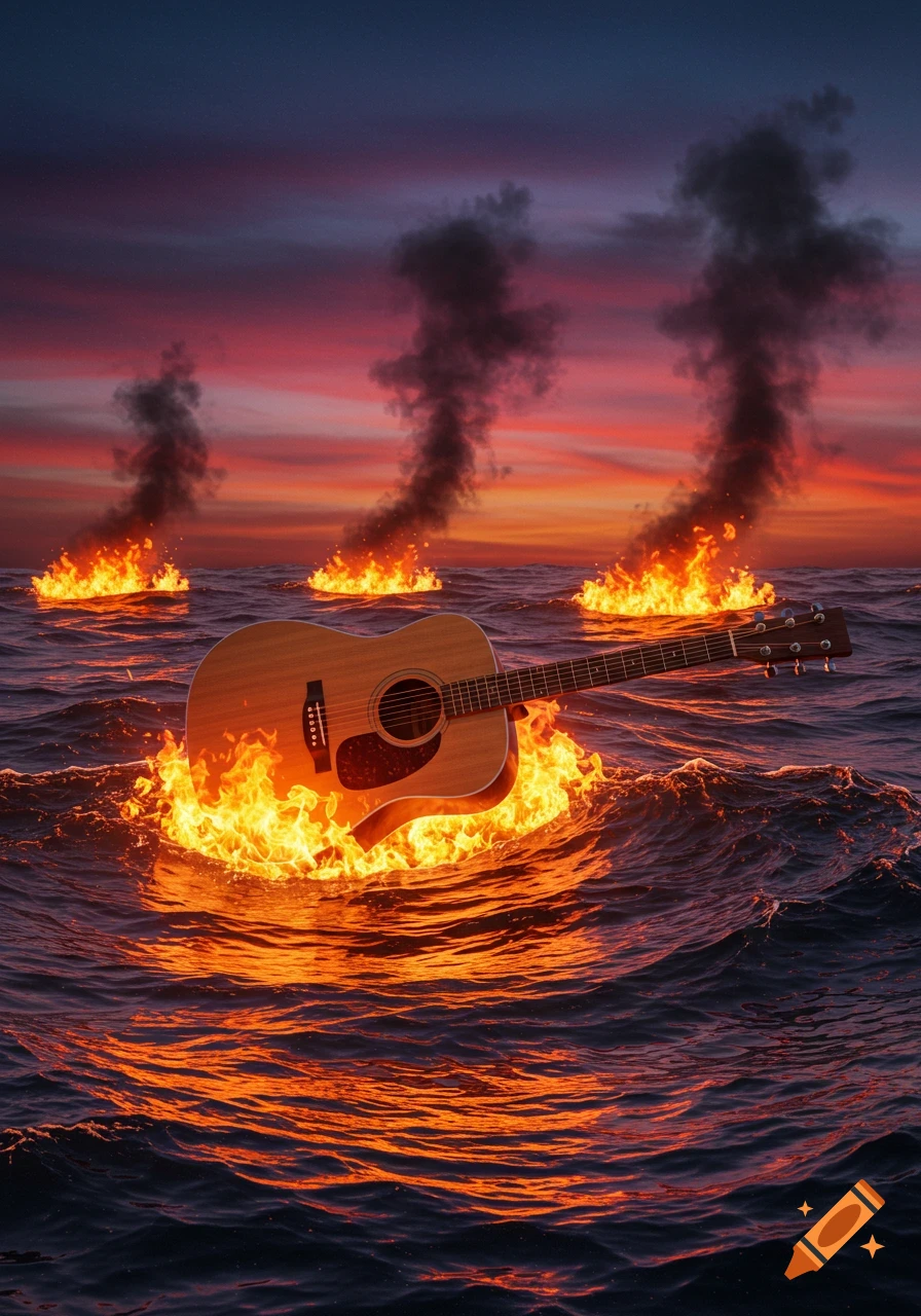 An acoustic guitar floats on a fiery ocean with a dramatic sunset in the background.