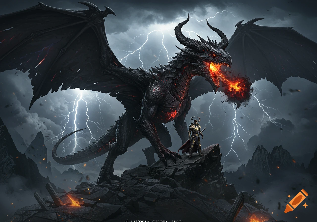A large black dragon breathing fire, with a knight standing before it on a rocky landscape under a stormy, lightning-filled sky.