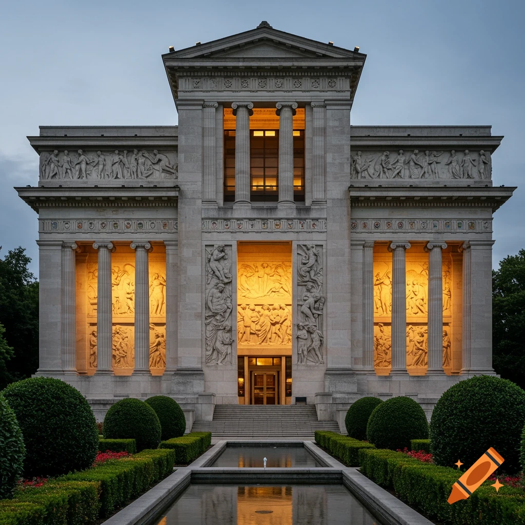 A grand classical building with illuminated sculptures and columns, fronted by a formal garden with a reflective pool.