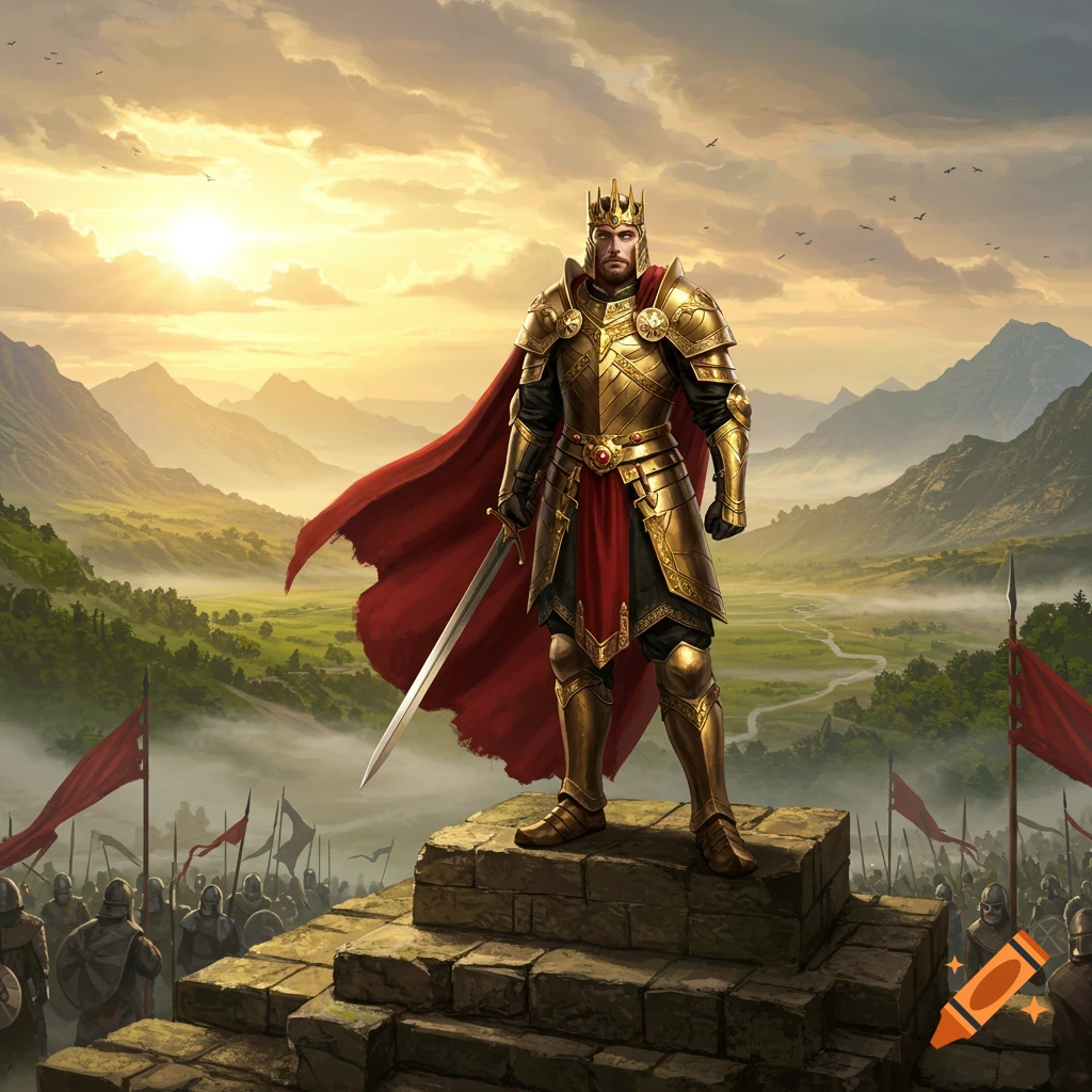 A king in golden armor and red cape stands on a stone platform, holding a sword, overlooking his army in a vast green valley at sunset.