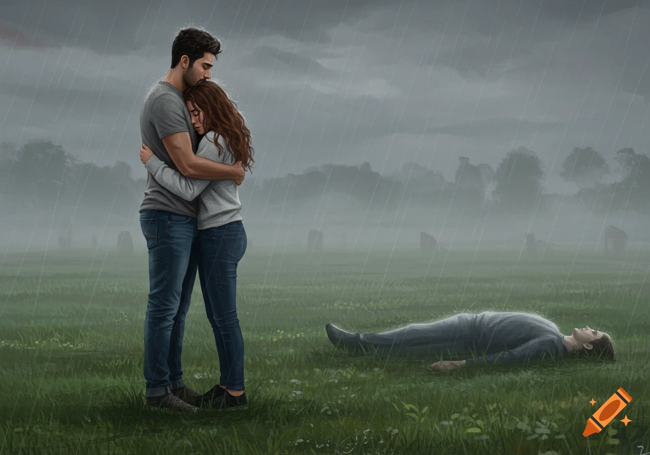 An emotional drawing of a grieving couple hugging in a rainy field, with a deceased person lying on the grass nearby.