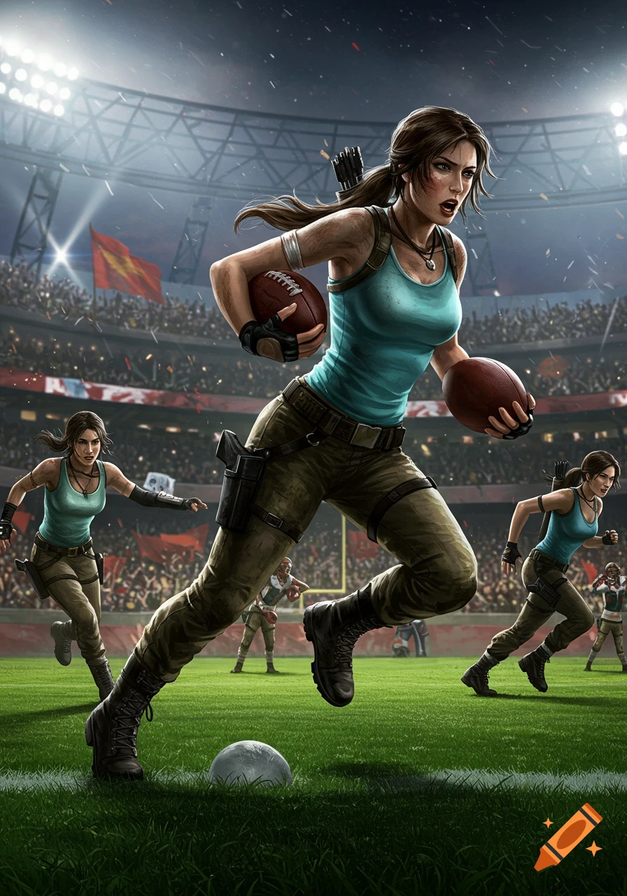 An illustrated image of several Lara Croft characters playing football on a field inside a stadium.