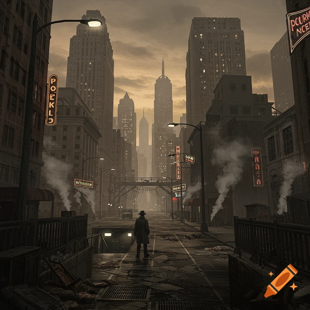 A dark, gritty dystopian city street with tall buildings and glowing neon signs, seen from behind a lone person in a trench coat.