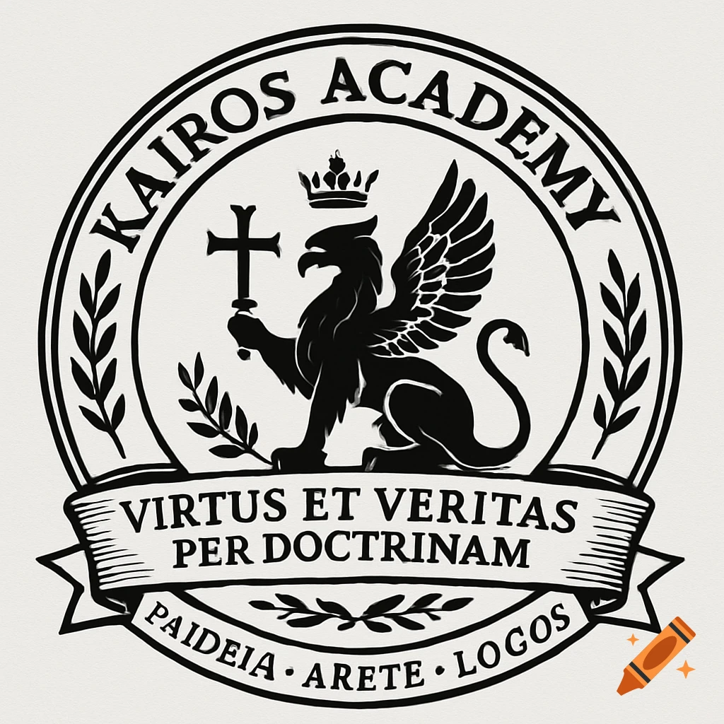 Black and white circular school logo with a griffin holding a cross, text 'KAIROS ACADEMY' and Latin mottos.
