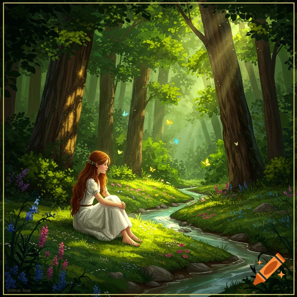 An illustrated fantasy image of a girl with long red hair sitting by a stream in a sun-dappled forest filled with colorful flowers and butterflies.