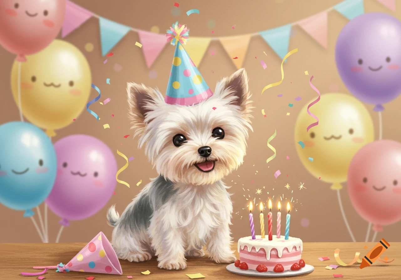 A cute Yorkie dog in a party hat sits next to a birthday cake with lit candles, surrounded by colorful balloons and confetti.