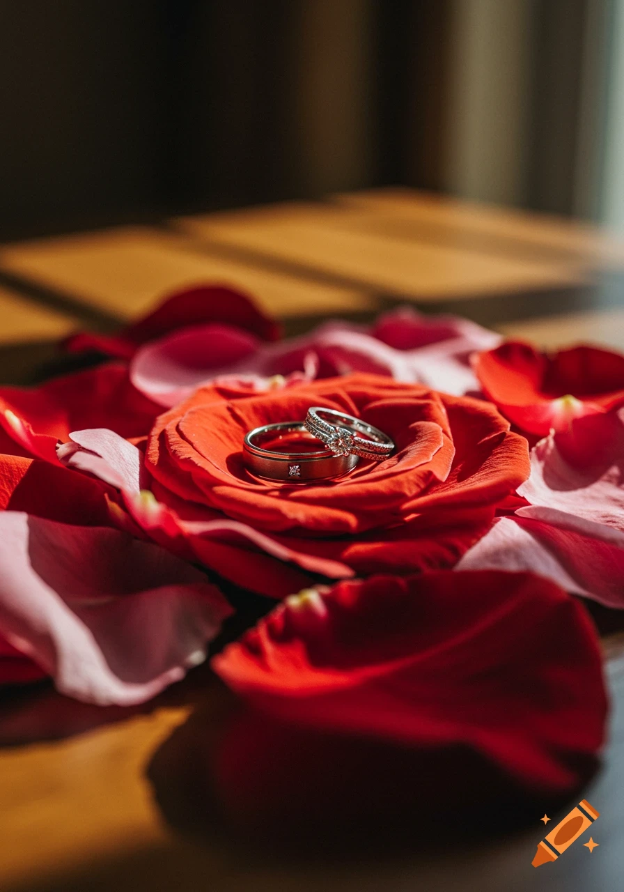 Two wedding rings, one with diamonds, resting on a red rose surrounded by red and pink petals on a wooden surface.