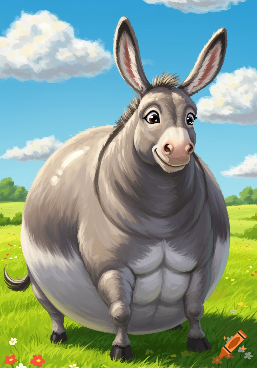 A cartoon donkey with an extremely obese body inflated like a beachball stands in a green field under a blue sky.