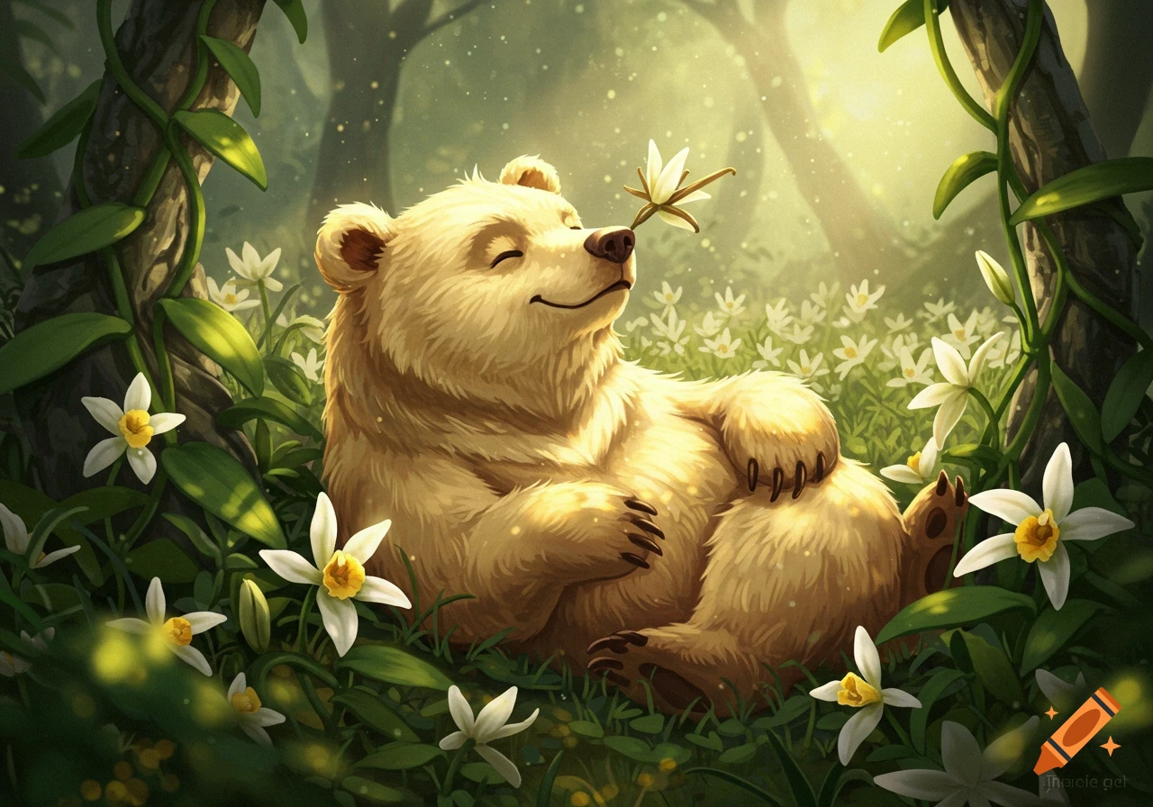 A cute, happy brown bear rests in a sunny forest clearing filled with white flowers, one flower tickling its nose.