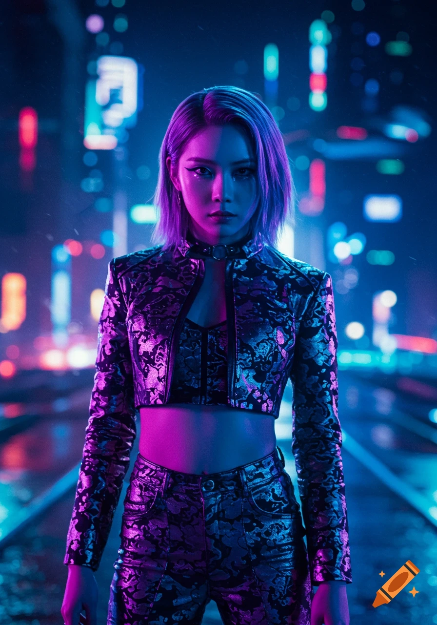 A serious woman with purple hair in a patterned crop jacket and pants stands under neon lights in a futuristic city.