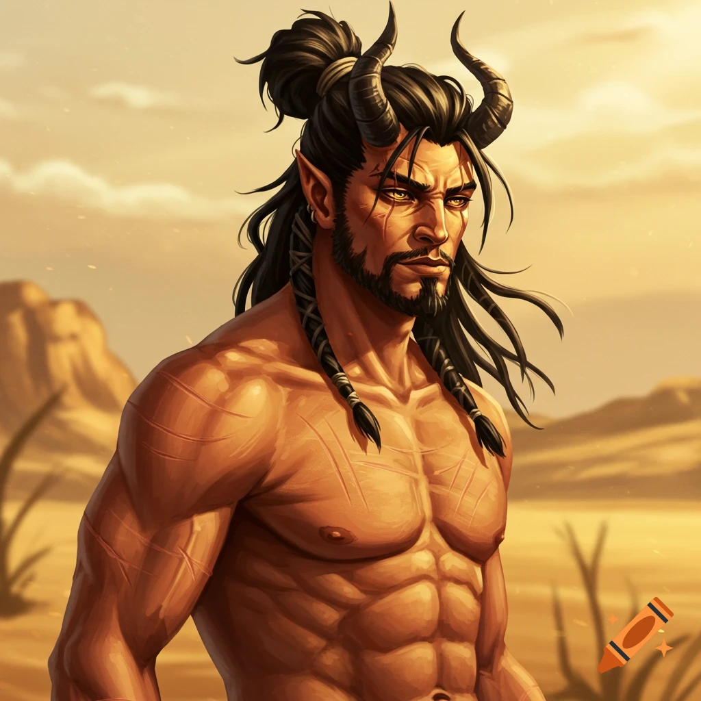 A striking digital illustration of a shirtless, muscular male fantasy character with dark horns, long hair, and glowing eyes, standing in a desert.