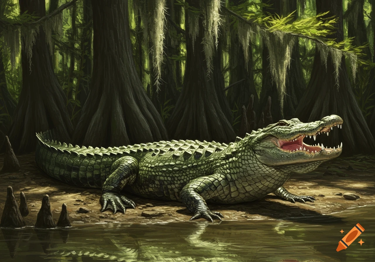 A large green alligator with its mouth open, showing teeth, rests by murky water in a swamp with dark tree trunks and Spanish moss in the background.
