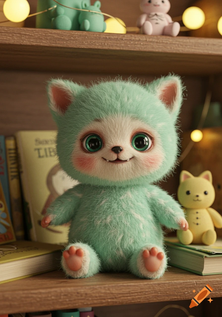A mint green fluffy plush toy with large, shiny green eyes and rosy cheeks sits on a wooden shelf next to books and other blurry toys, in a photorealistic style.