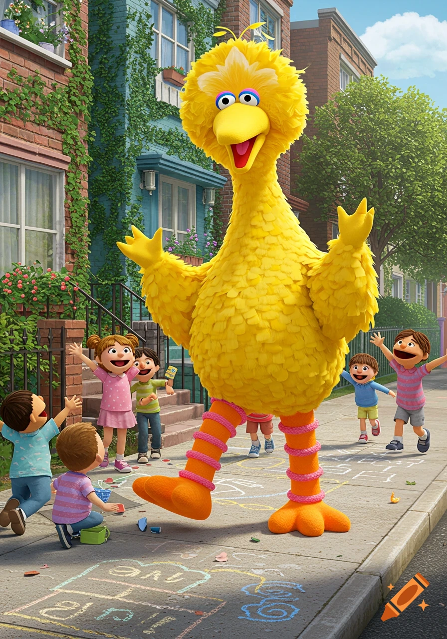 Big Bird with children on a sunny street, rendered in a 3D animated style.