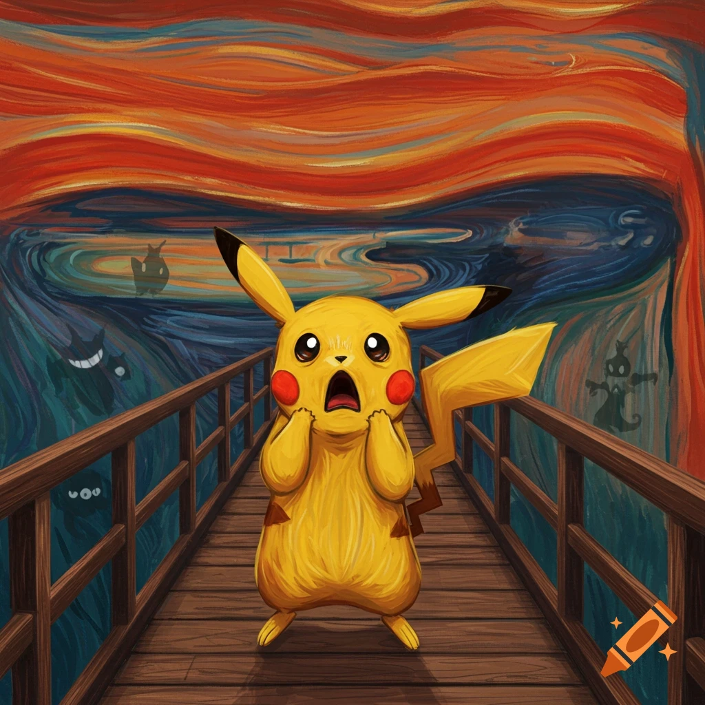 A painterly illustration of Pikachu mimicking The Scream, standing on a wooden bridge with a terrified expression as ghostly Pokémon appear in the swirling red and blue sky.