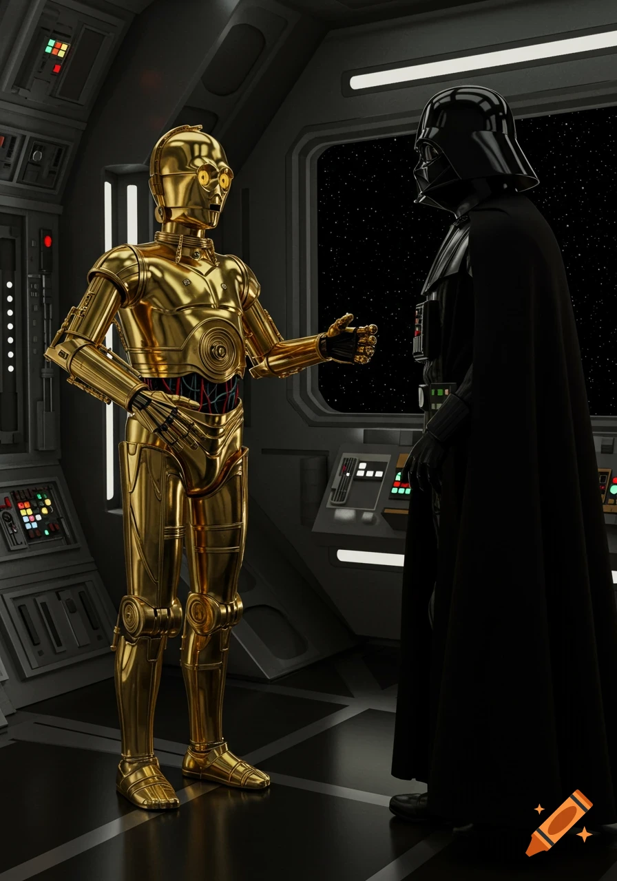 C-3PO and Darth Vader stand in a spaceship, looking at each other against a starry window.
