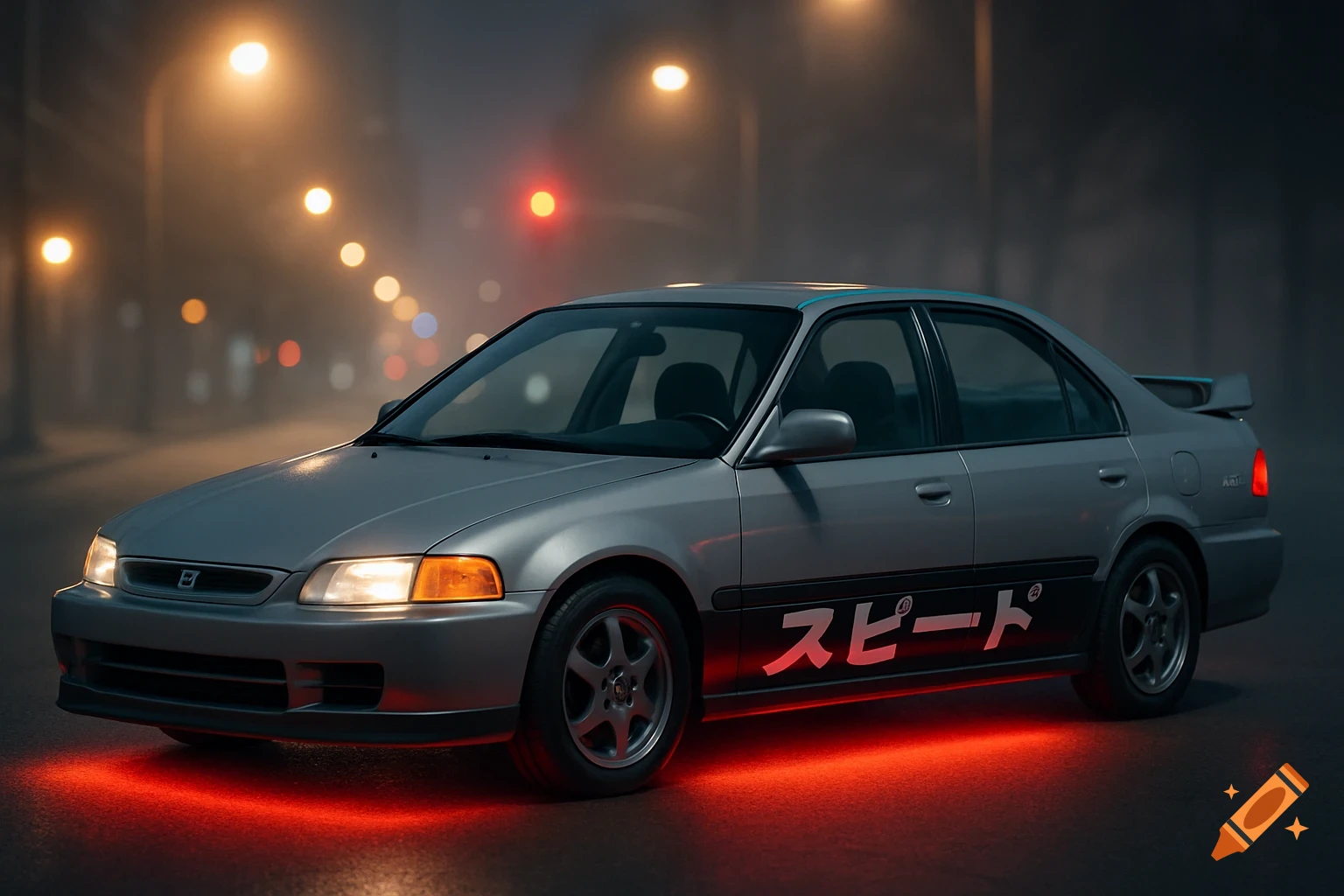 A grey Honda Civic sedan with red underglow and white Japanese text on its side is parked on a street at night under streetlights.