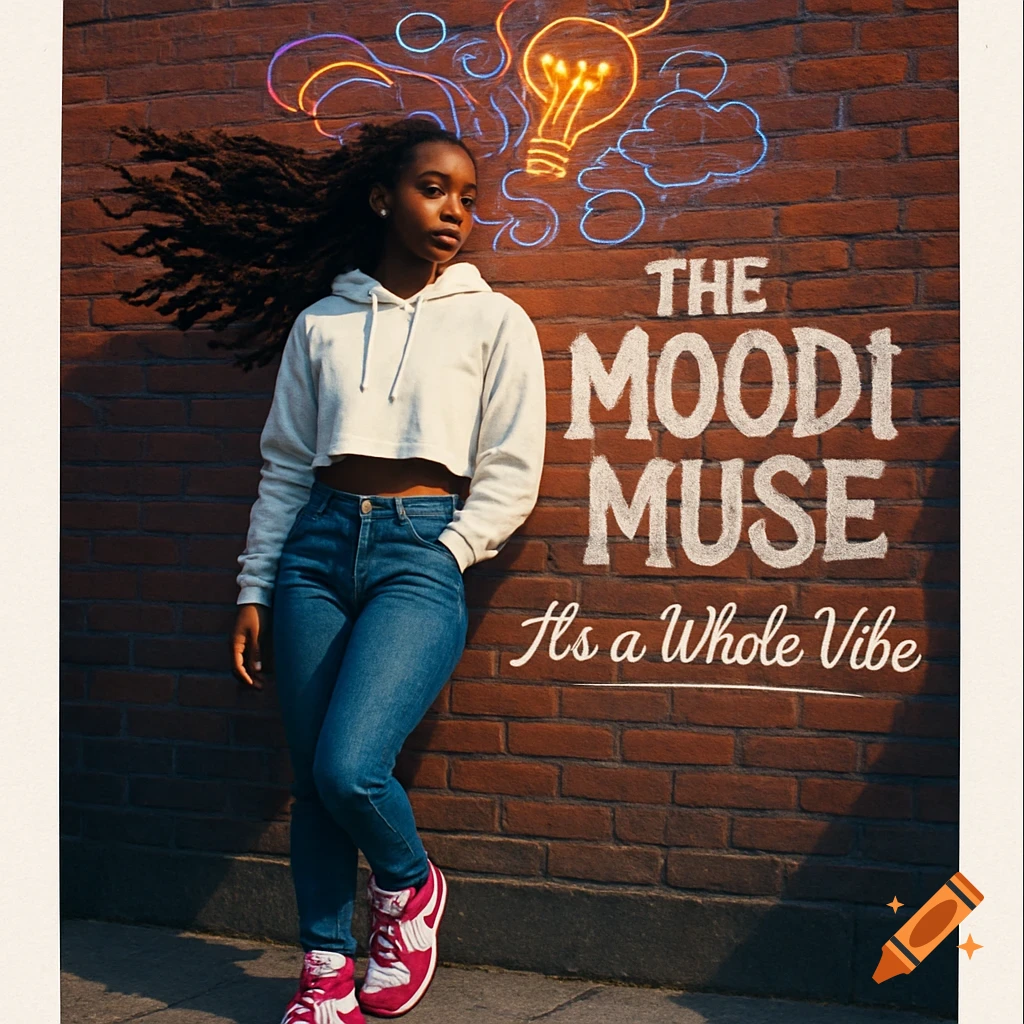 A confident African American woman in a cropped hoodie and jeans leans against a brick wall with neon-style lightbulb and thought bubble graphics. Text on the wall reads "THE MOODI MUSE It's a Whole Vibe."
