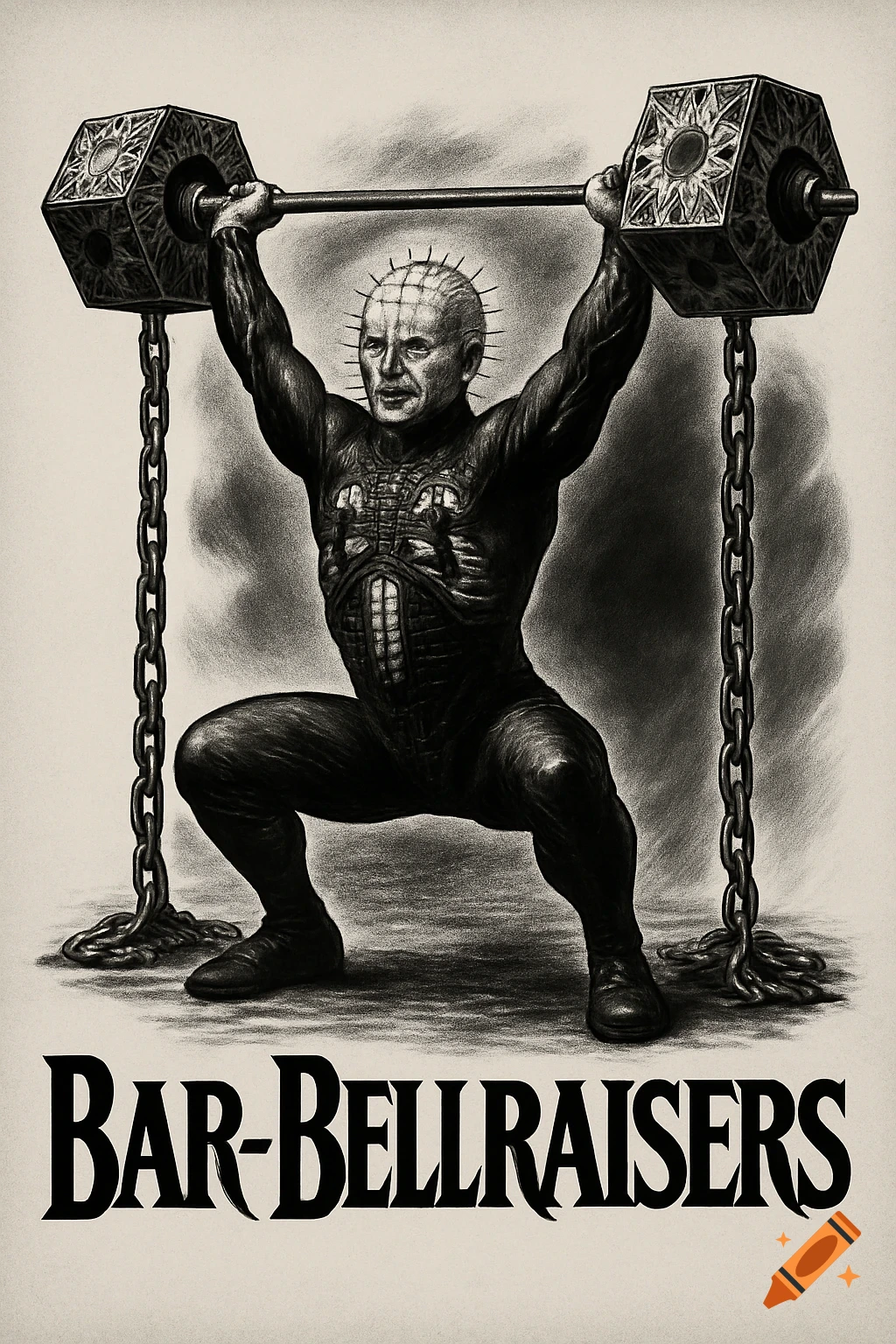 Black and white illustration of Pinhead from Hellraiser doing a power snatch with Lament Configuration barbells. Text 'BAR-BELLRAISERS'.