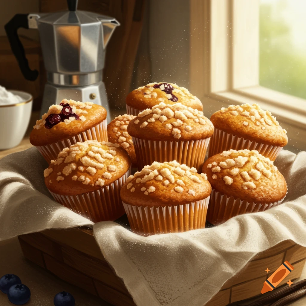 A rustic basket filled with golden-brown muffins, some blueberry, some streusel-topped, beside a silver moka pot in sunlit kitchen.