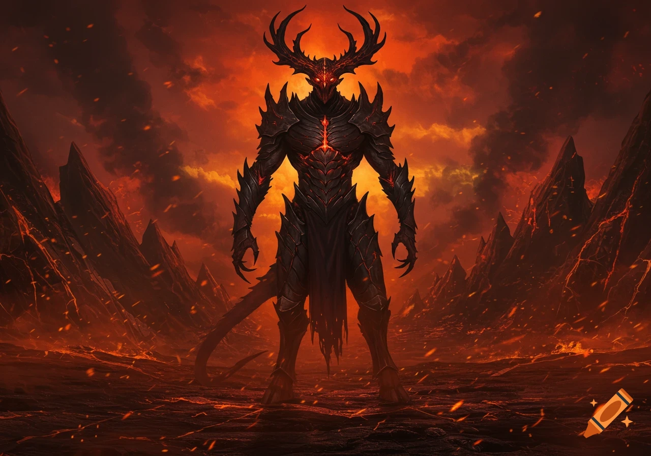 A horned demon in black armor stands in a fiery, volcanic hellscape under a red sky.
