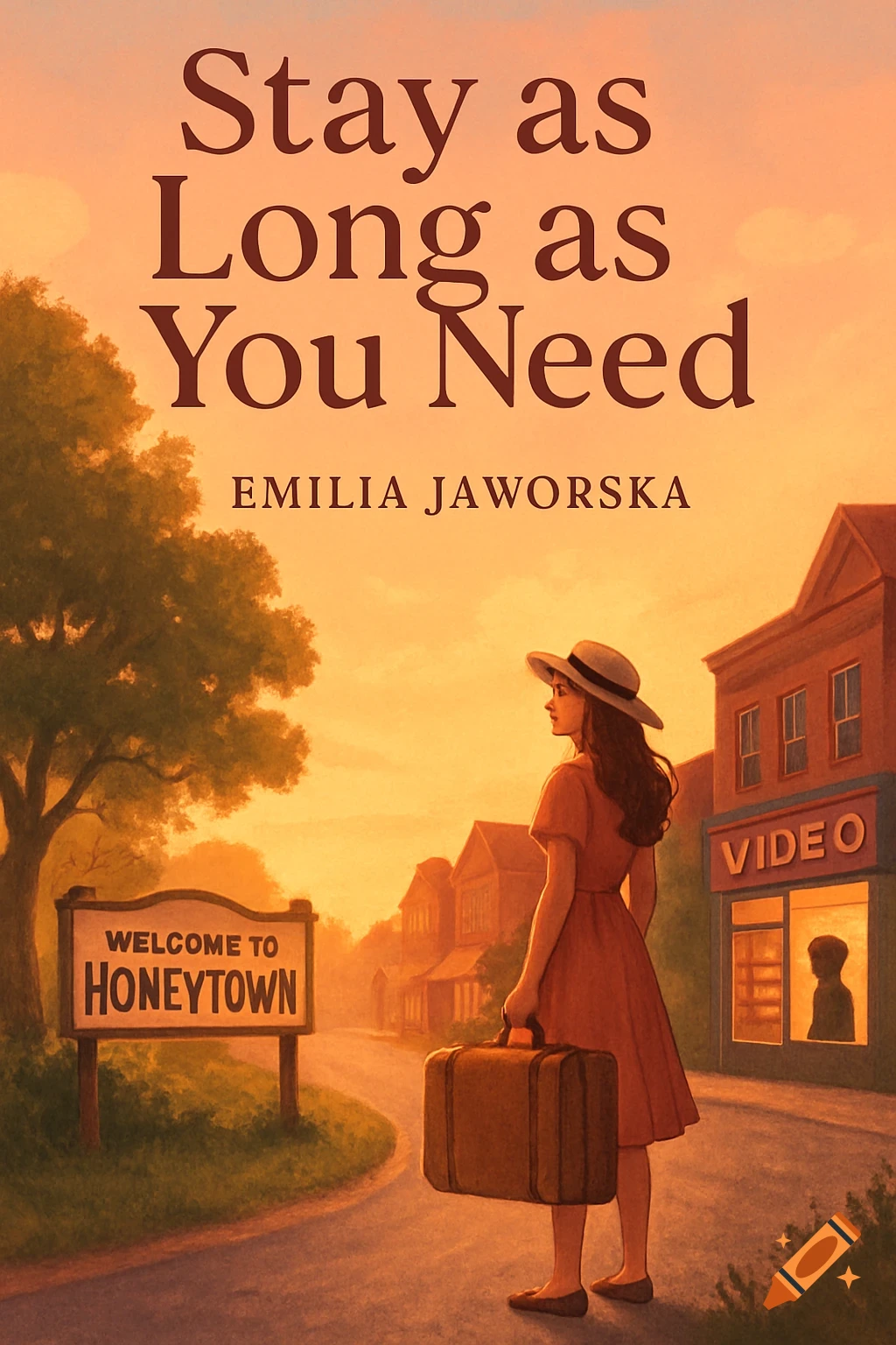 An illustrated book cover titled 'Stay as Long as You Need' showing a girl with a suitcase by a 'Welcome to Honeytown' sign at sunset.