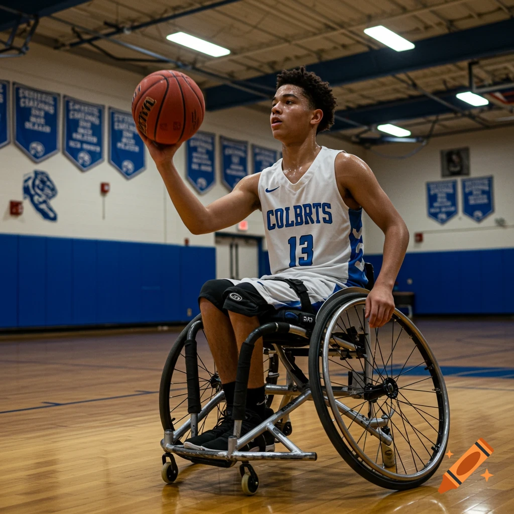 A young male athlete in a white and blue jersey, number 13, plays wheelchair basketball in a gymnasium, holding a basketball.
