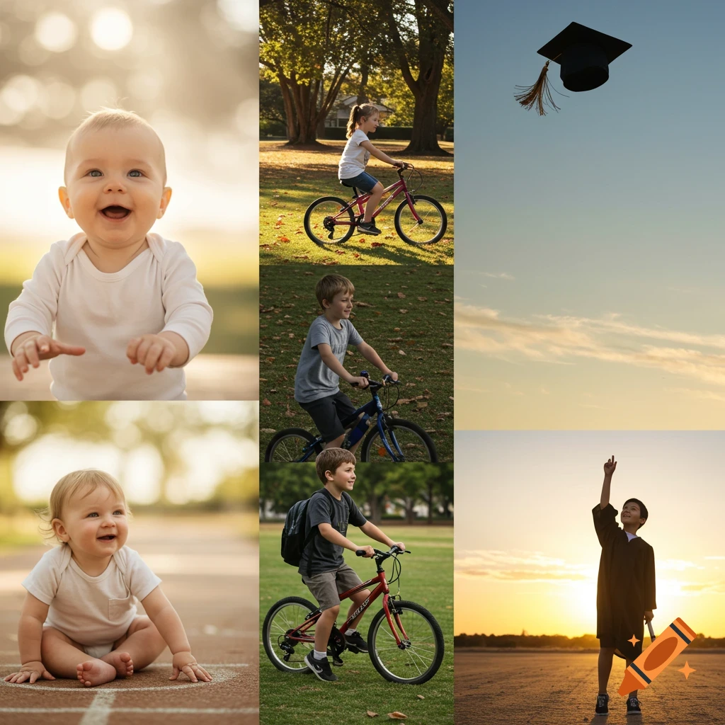 A photorealistic collage depicting a child's growth from babyhood, learning to ride bikes, to graduating.