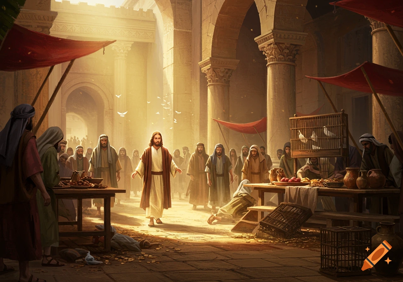 Jesus stands in a sunlit temple courtyard, driving out merchants and overturning tables of money changers, with crowds of people around.