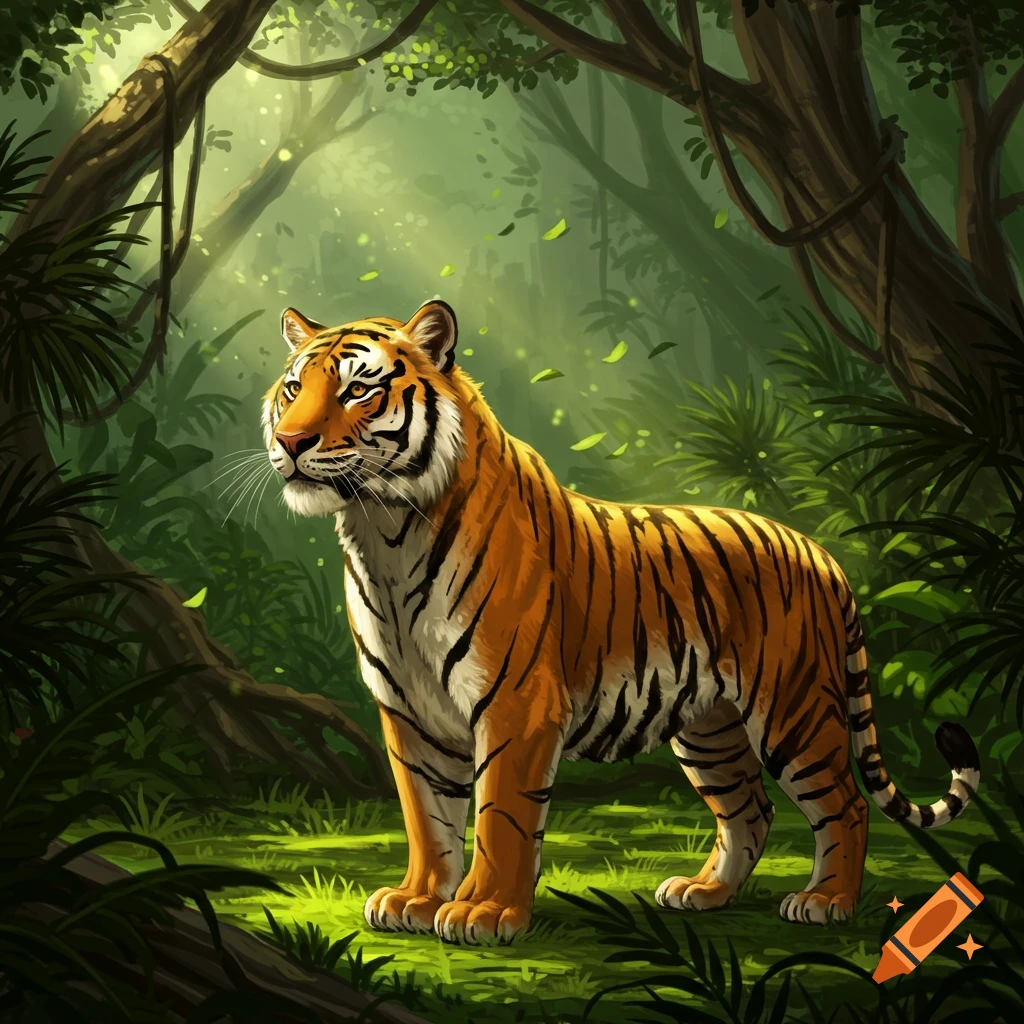 A majestic tiger stands in a sunlit jungle with lush green foliage and falling leaves. Illustrated style.